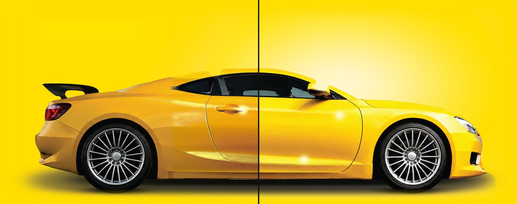 Side profile of a yellow car split down the middle: traditional film PPF on the left, Lumax LPPF on the right
