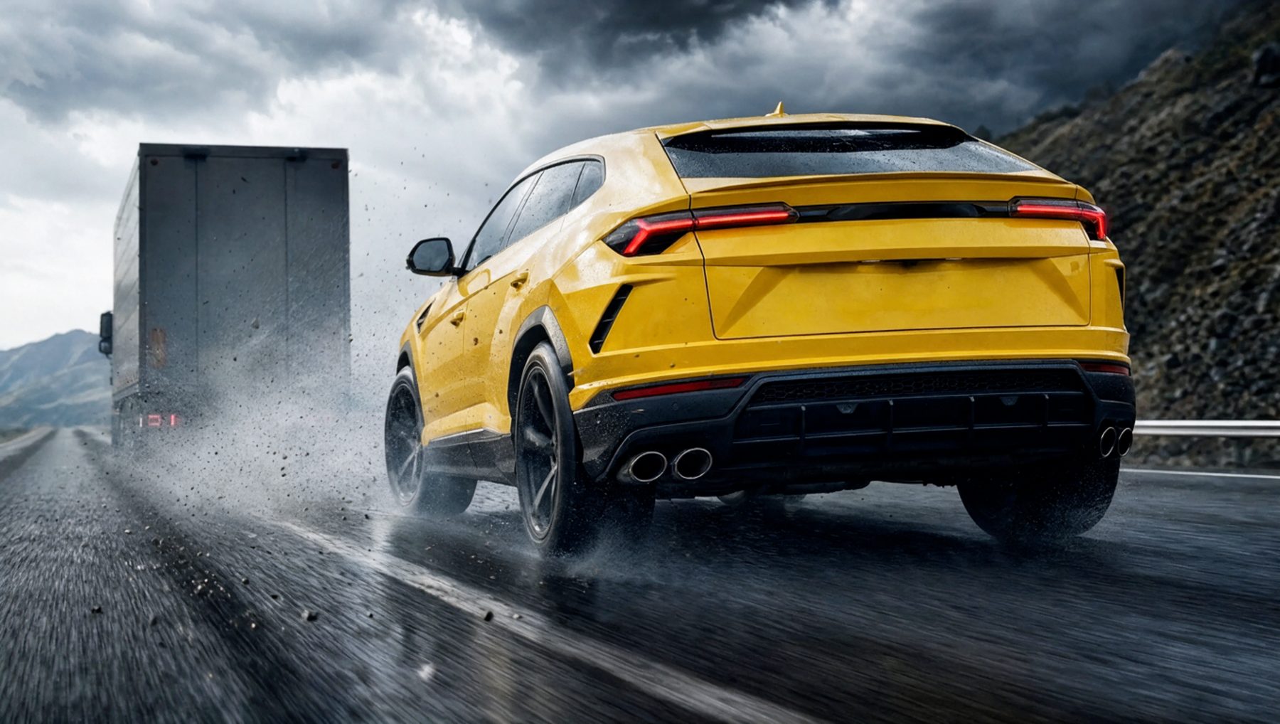 Yellow SUV driving through road spray and debris on a wet highway