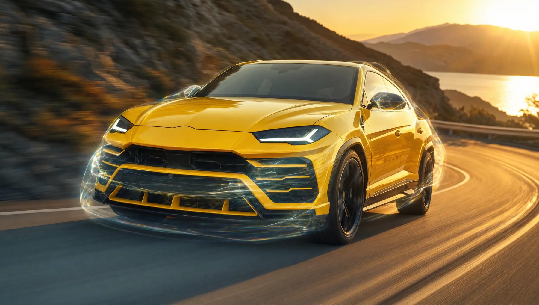 Yellow SUV on a coastal road wrapped in a clear, iridescent protective shield