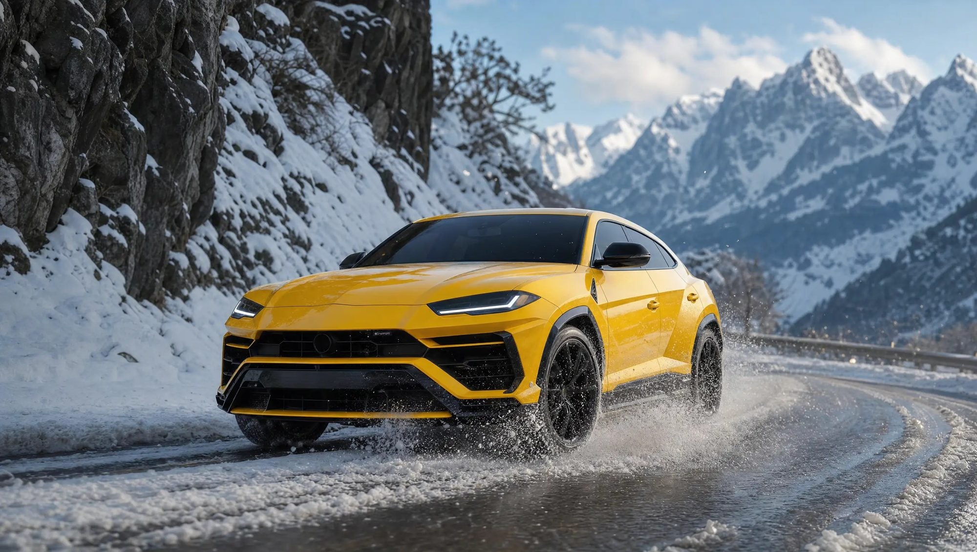 Glossy yellow SUV kicking up slush on a snowy mountain road